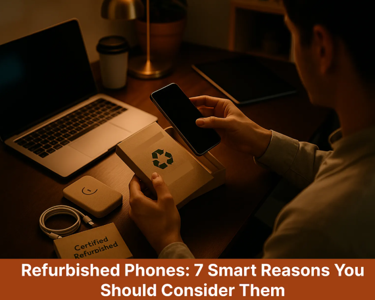 Person unboxing a refurbished phone at a warm-lit desk with laptop, accessories, and certified eco-friendly packaging.